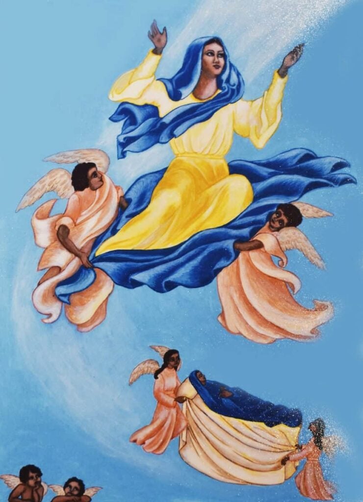 Icon image of Mary's assumption into heaven.
