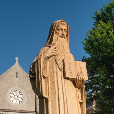 statue of St. Benedict on monastery grounds