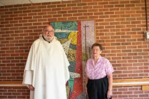 Fr. Meinrad Miller, the Mount’s new chaplain, with Sister Rosann Eckart, who is taking on the role of sacristan for weekday Masses in St. Lucy Chapel.