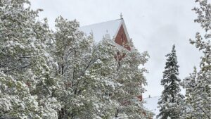 Snowy trees on the monastery campus, with the peak of the monastery in the background
