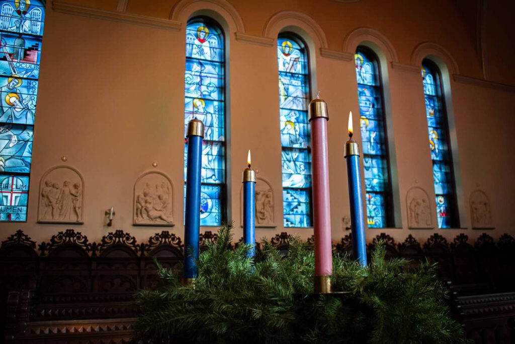 Advent wreath with the first and second Sunday candles lit.