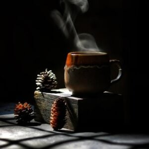 steaming coffee with pine cones around