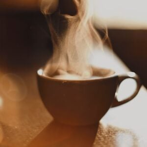 steaming cup of coffee