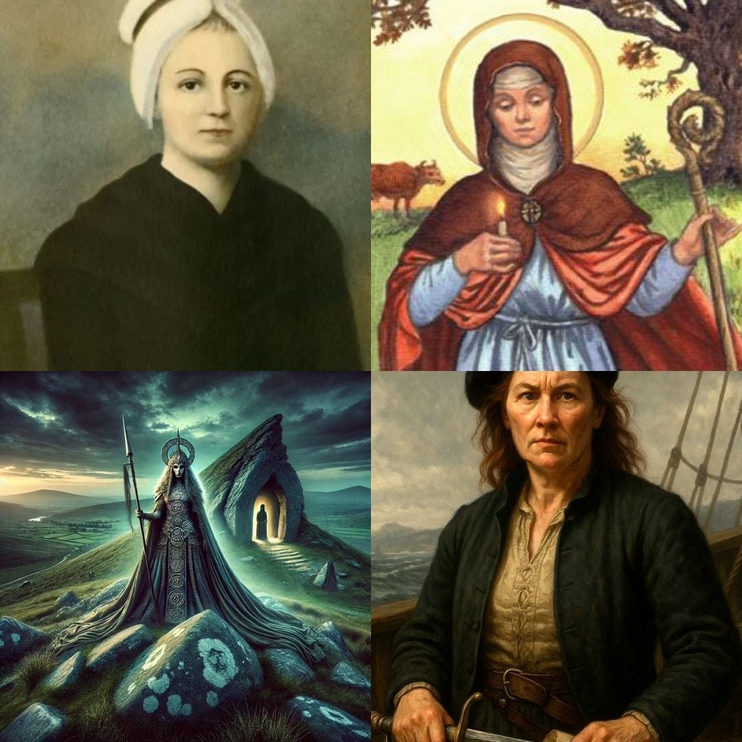 Images of the 4 women we will be learning about: Queen Maeve, Grace O’Malley, Saint Brigid, Nano Nagle