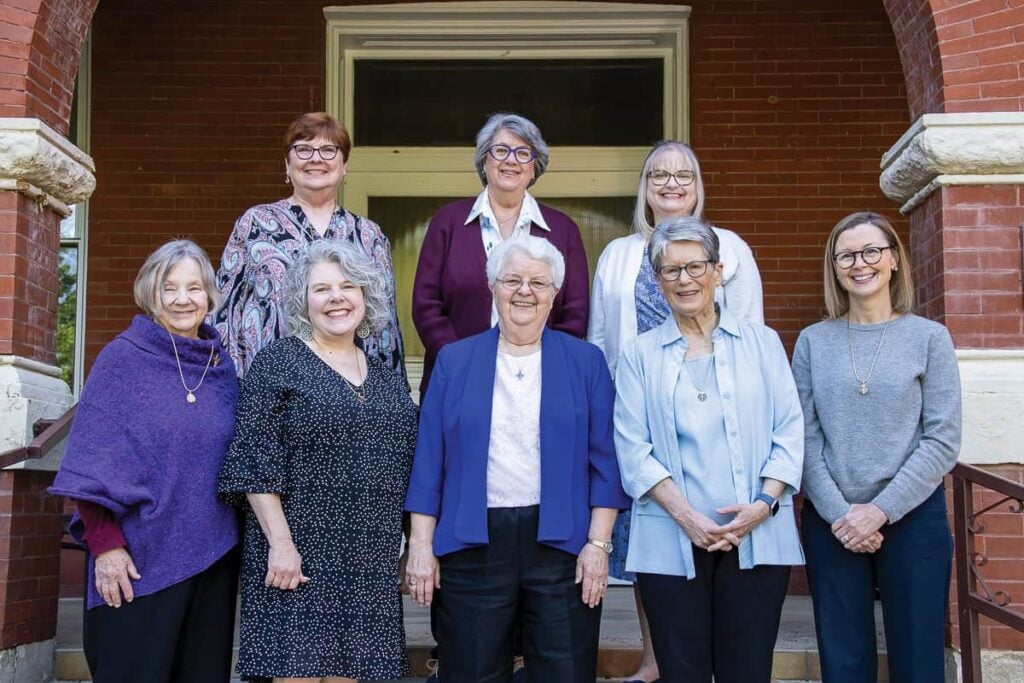 Our new oblates, L-R, back row: Lisa Martin, Margaret Harris, and Alyson Weiser. L-R, front row: Mary Wheeler, Kara Reed, Sister Mary Elizabeth Schweiger (prioress), Harriet White, and Kathy Muehl.